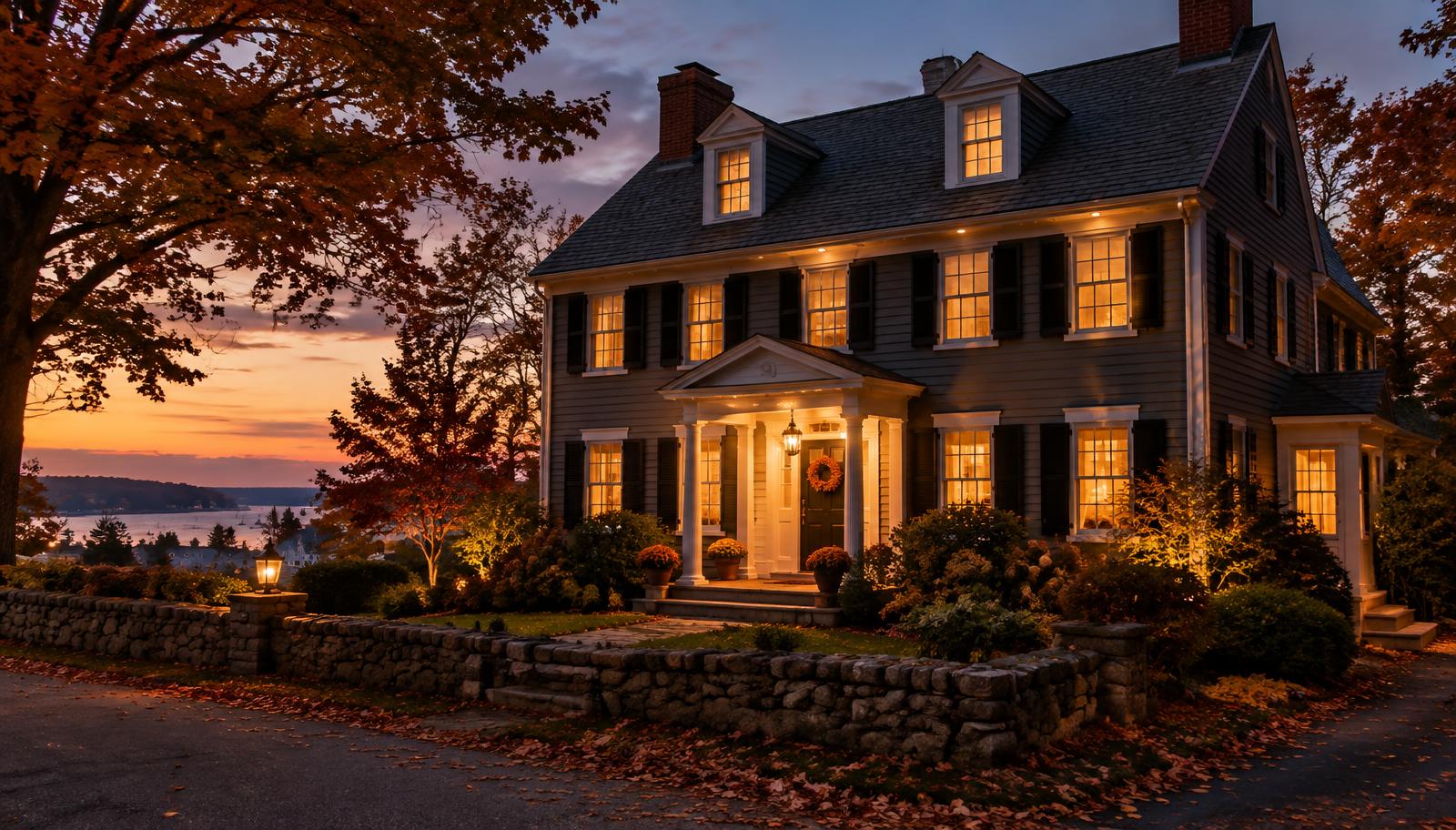 New England colonial home lit up at dusk